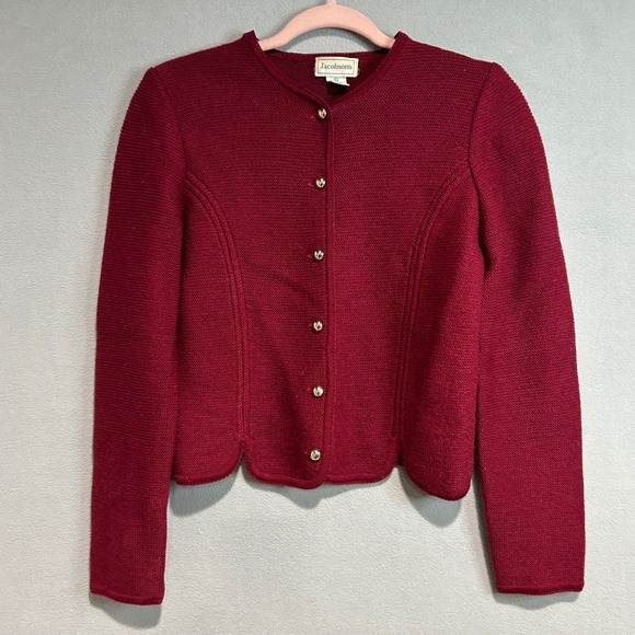 Jacobson'S Sweaters - Jacobson's Wool Cardigan Jacket Womens Small Red Scalloped Gold Buttons Vintage